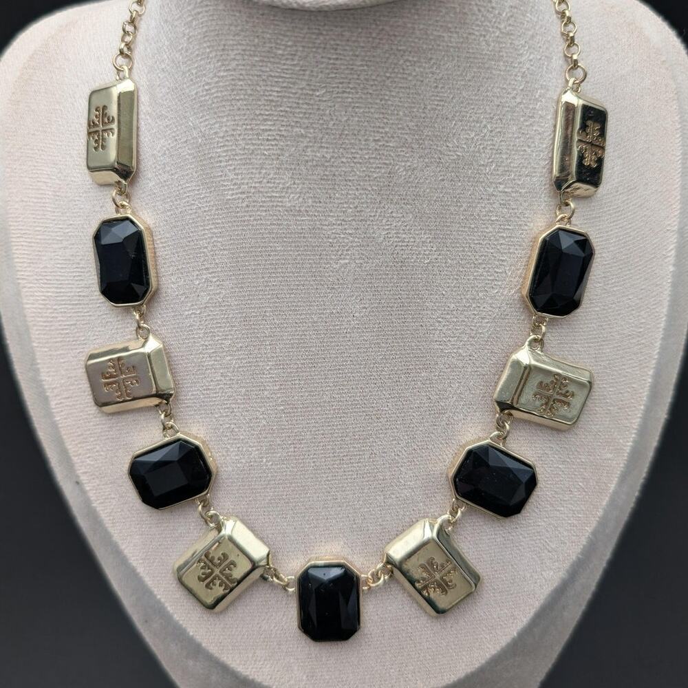 Isis Creative Necklace Gold Tone Black Faceted Links Geometric 18 Inch Earrings